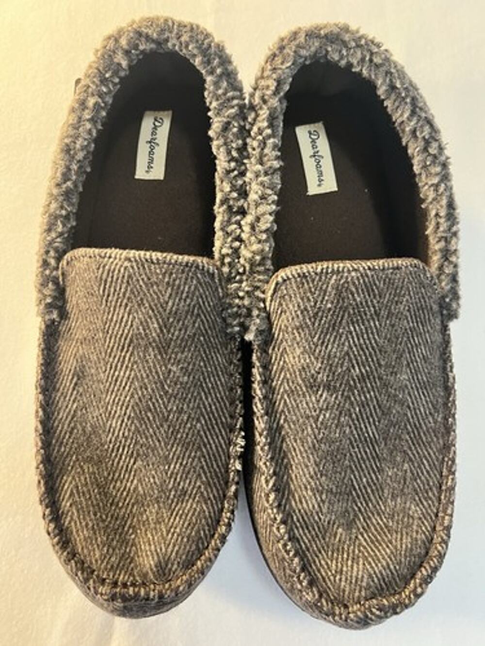 Dearfoams Men's Gray Herringbone Lined Slip-On Slippers US 13-14